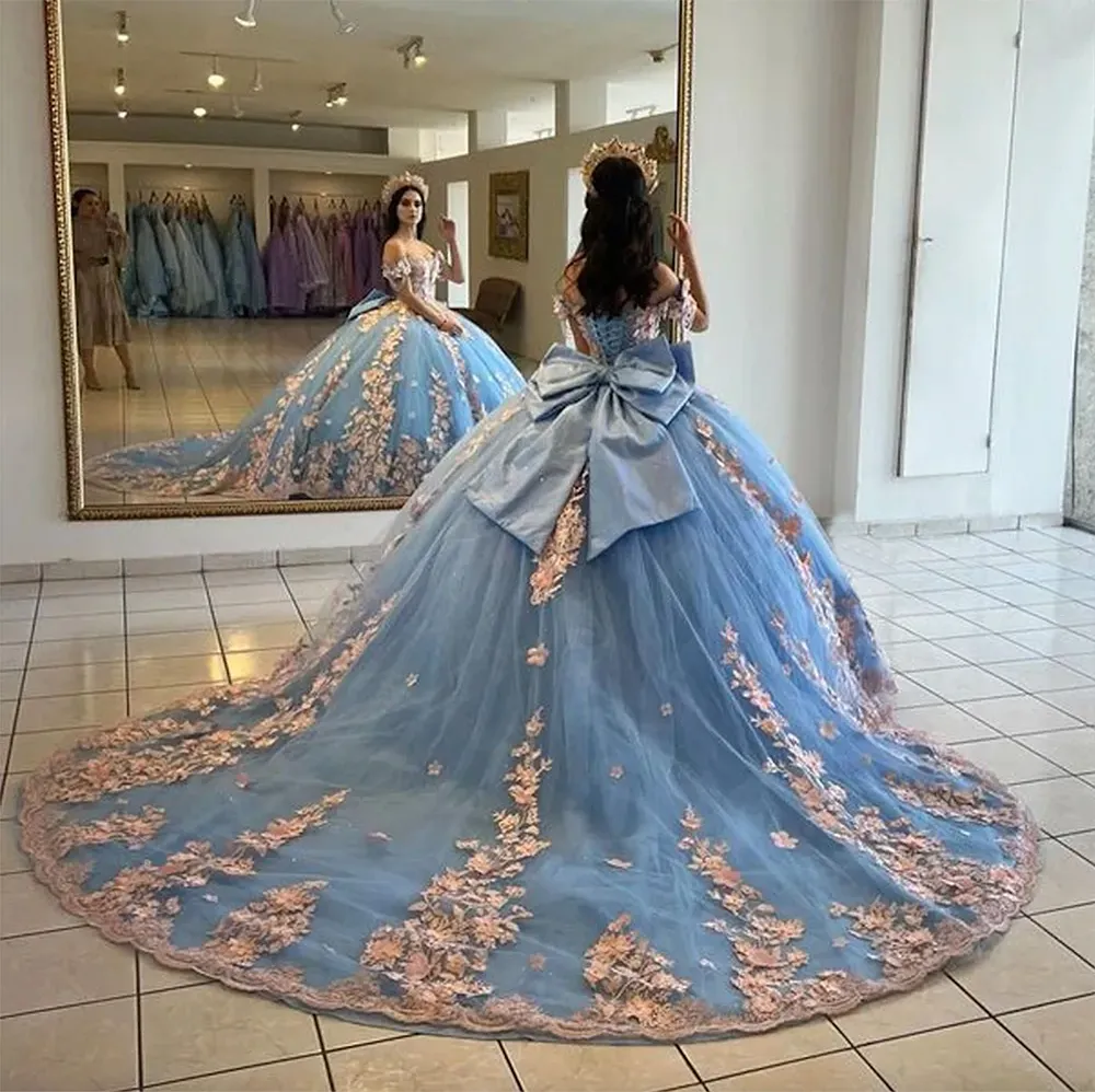 Sky Blue 3D Floral Lace Princess Quinceanera Dresses Off Shoulder Bow Corset charro prom Sweet 15 Vestidos De XV Anos