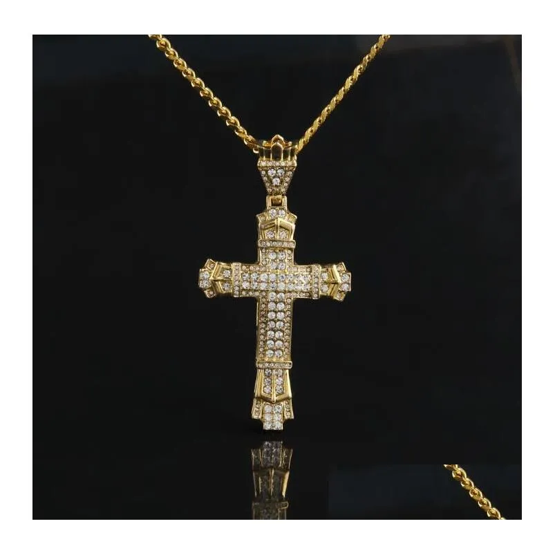 Pendant Necklaces New Retro Sier Cross Charm Fl Ice Out Cz Simated Diamonds Catholic Crucifix Necklace With Long Cuban Chain Gb Drop Dho3Y