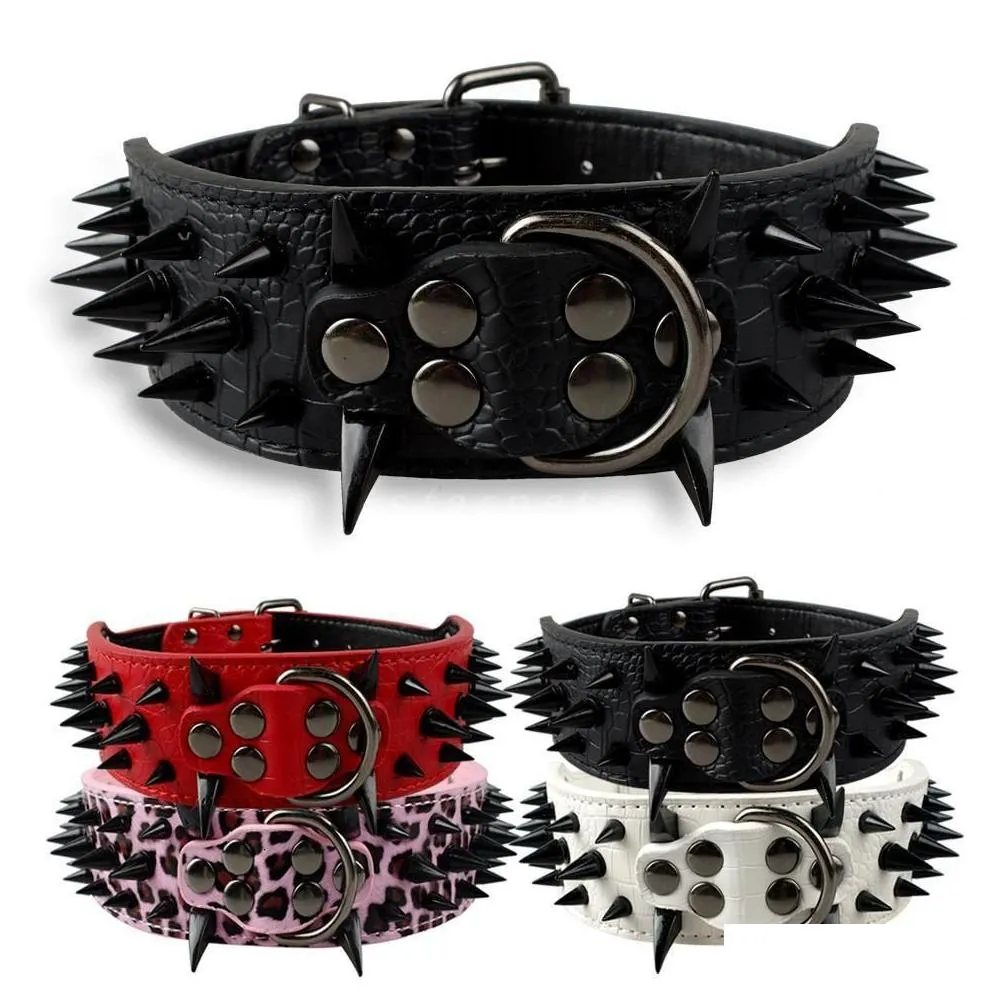 Dog Collars & Leashes Dog Collars Leashes 2 Wide Sharp Spiked Studded Leather Bldog Big Collar Adjustable For Medium Large Dogs Boxer Dheqf