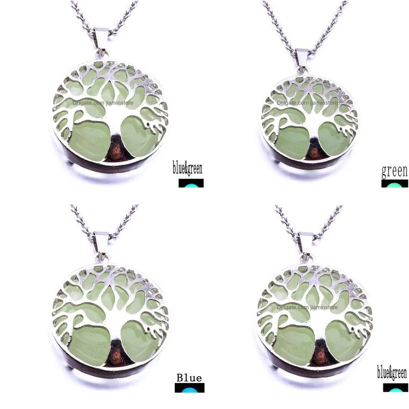 Pendant Necklaces Trendy Tree Of Life Pendant Luminous Natural Crystal Stone Stainless Steel Chain Necklace For Women Men Jewelry Drop Dh7Qm