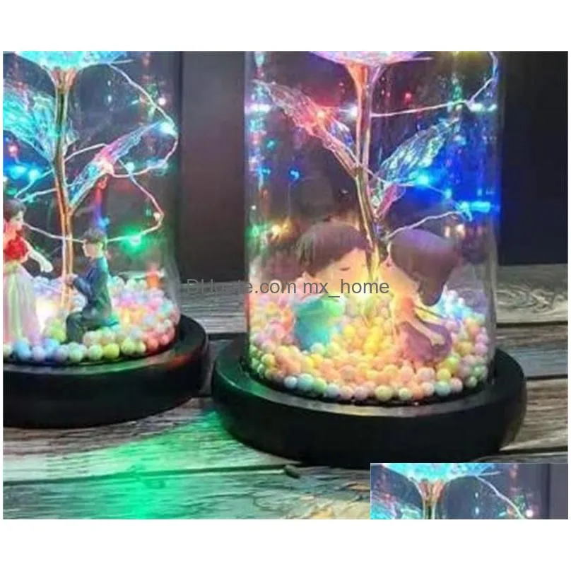 led enchanted galaxy rose eternal 24k gold foil flower with fairy string lights in dome for christmas valentines day gift 0920