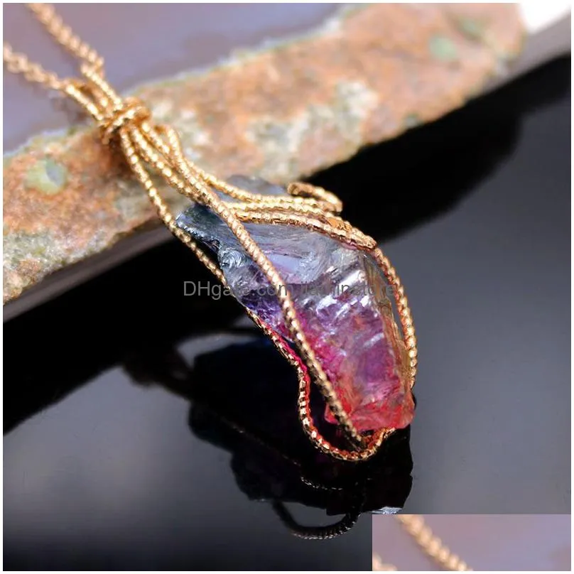 Pendant Necklaces Wire Wrapped Chakra Colorf Electroplated Stone Quartz Pendant Healing Crystal Energy Necklaces Fashion Women Men Jew Dhnkg