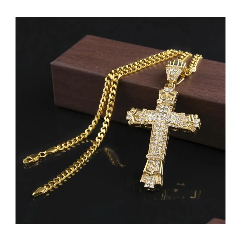 Pendant Necklaces New Retro Sier Cross Charm Fl Ice Out Cz Simated Diamonds Catholic Crucifix Necklace With Long Cuban Chain Gb Drop Dho3Y