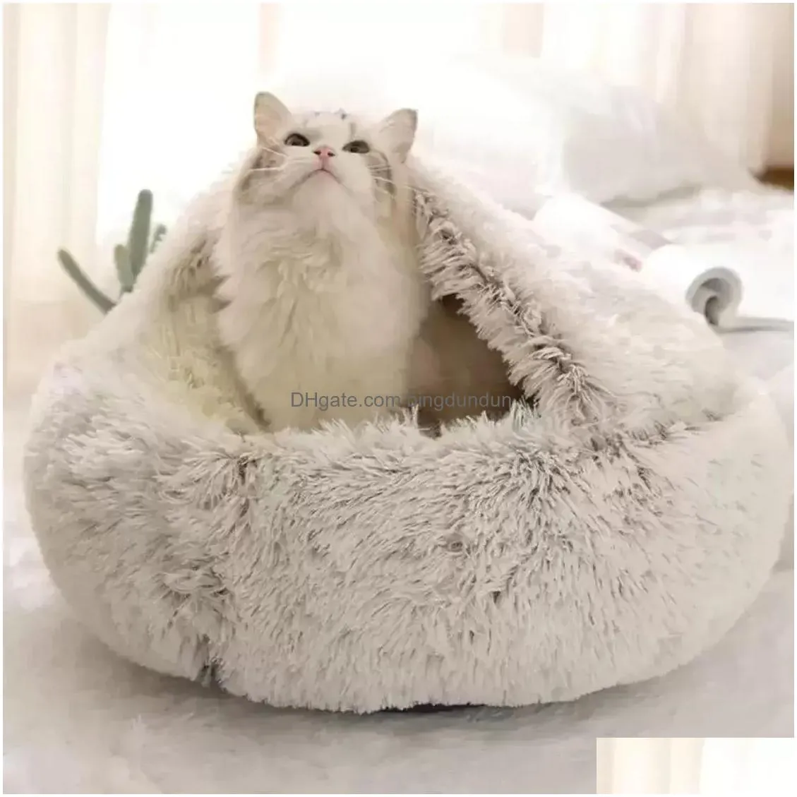 Cat Beds & Furniture Stock Cat Beds Furniture P Pet Dog Bed House Warm Round Kitten Semi-Enclosed Winter Nest Kennel Cats Sofa Mat Bas Dhcge