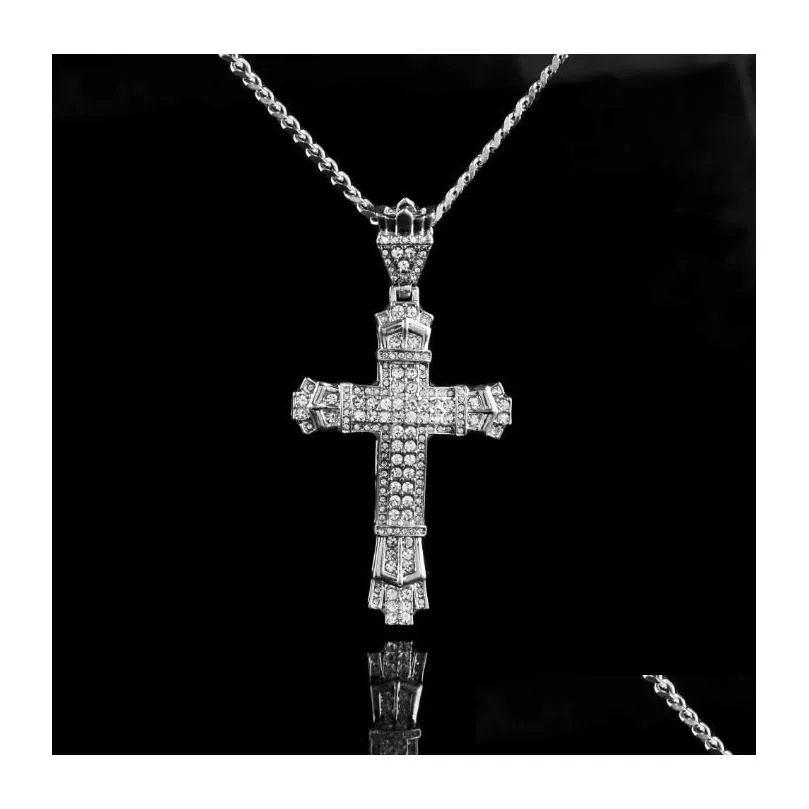 Pendant Necklaces New Retro Sier Cross Charm Fl Ice Out Cz Simated Diamonds Catholic Crucifix Necklace With Long Cuban Chain Gb Drop Dho3Y