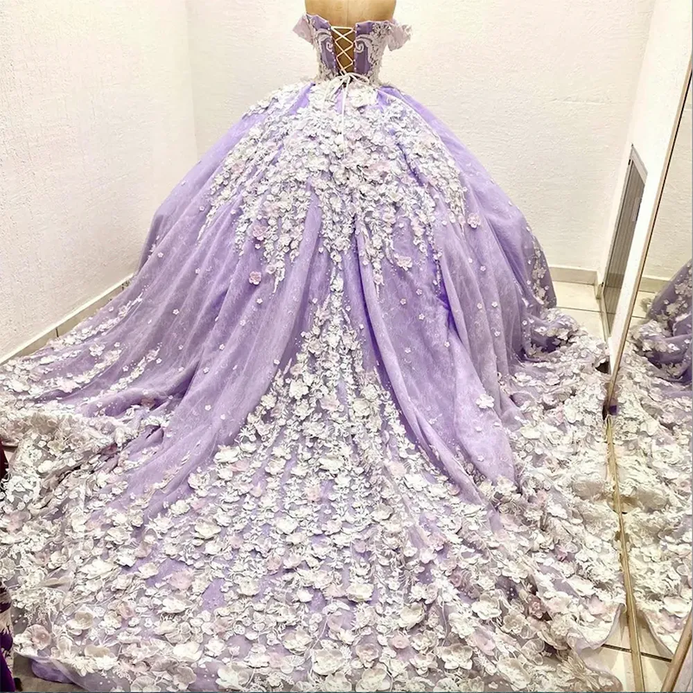 Lavender lilac 3D Flowers Applique Quinceanera Dresses lace-up corset prom princess Sweet 16 Princess Dress vestidos de 15 anos