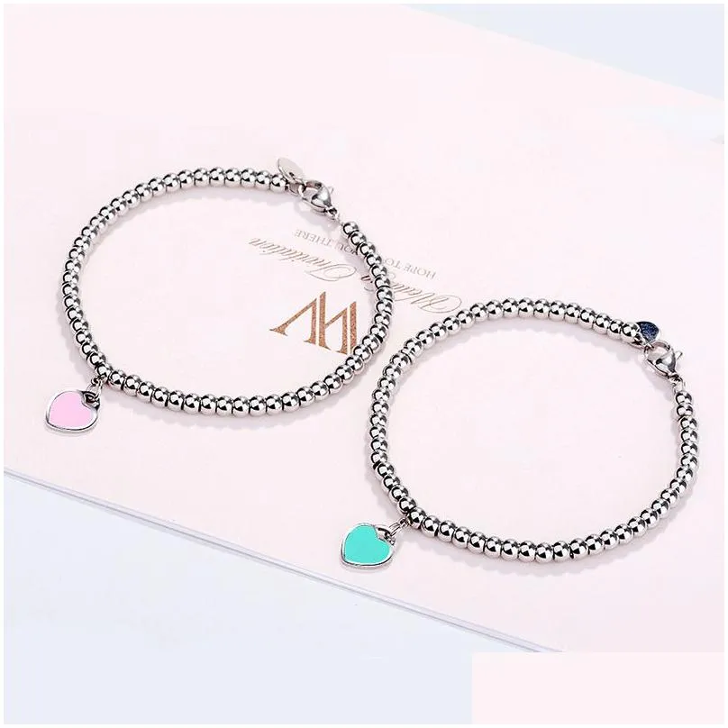 Beaded Luxury 10Mm Heart Bracelets Womens Stainless Steel 4Mm Gold Beaded Strands Bracelet Gifts For Girlfriend Accessories Pink Blue Dhmxu
