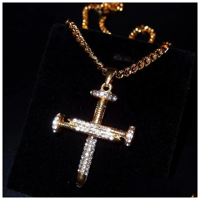 Pendant Necklaces Wholesale- Punk Necklace Trendy Male 18K Gold Color Crucifix Cross Jesus Pendants Men Jewelry Gifts Christmas Gift Dhapo