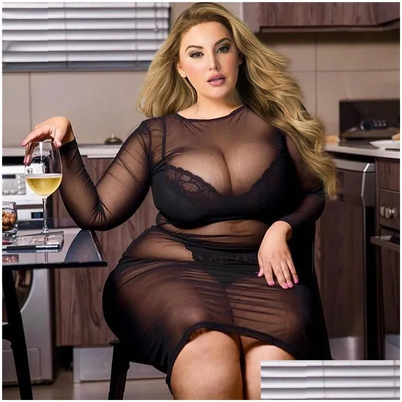 Plus Size Dresses Women Clothing Long Sleeve Lingerie Dress Mesh T Night Stretch See Through Design Ruched Bodycon Drop Delivery Dhy87
