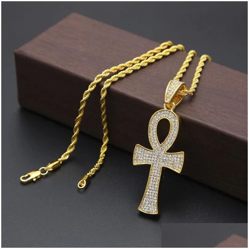 Pendant Necklaces Hiphop Egyptian Ankh Key Gold Sier Bling Rhinestone Crystal Crucifix Necklace For Mens Hip Hop Drop Delivery Dhnjc