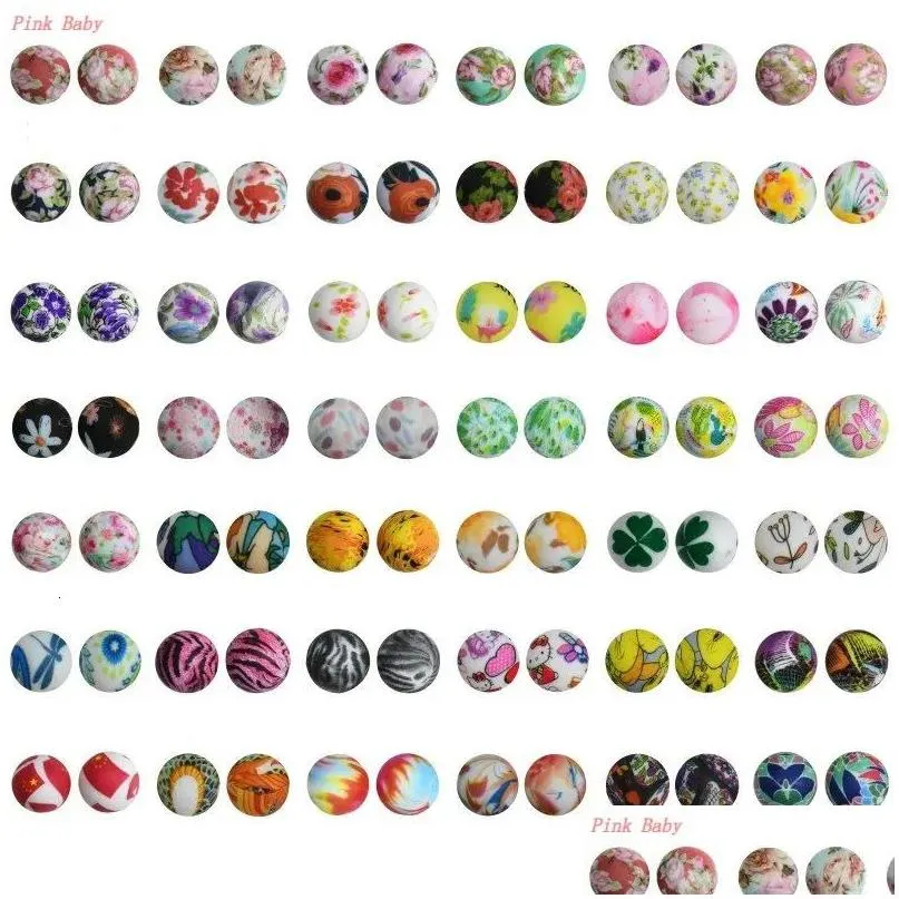 50pcs silicone beads 15mm round tie dye print leopard baby teether toys bpa for pacifier chain baby molar accessories 240123