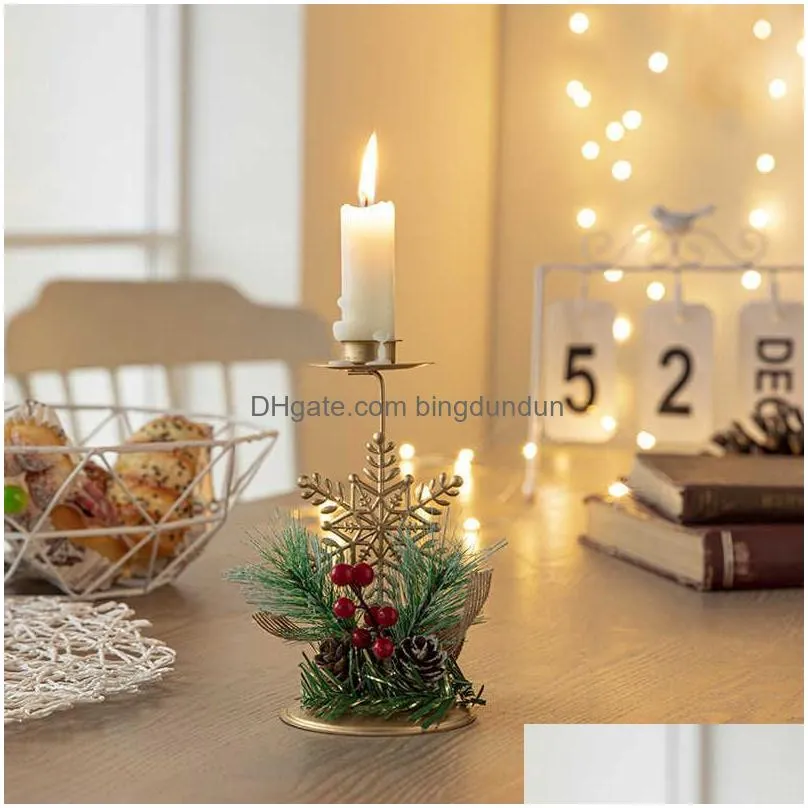 Candle Holders New Christmas Golden Iron Candle Holder Snowflake Candlestick Decorations For Home 2022 Xmas Table Ornaments Year 2023 Dh35I