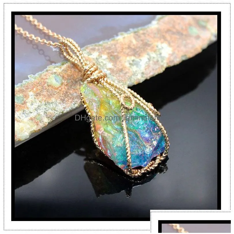 Pendant Necklaces Wire Wrapped Chakra Colorf Electroplated Stone Quartz Pendant Healing Crystal Energy Necklaces Fashion Women Men Jew Dhnkg