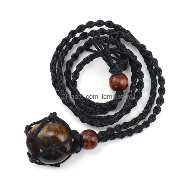 Pendant Necklaces Woven Natural Crystal Stone Net Bag Pocket Pendant Necklace Healing Reiki Hangings Quartz Craft Adjuatable Weave Rop Dhz2X