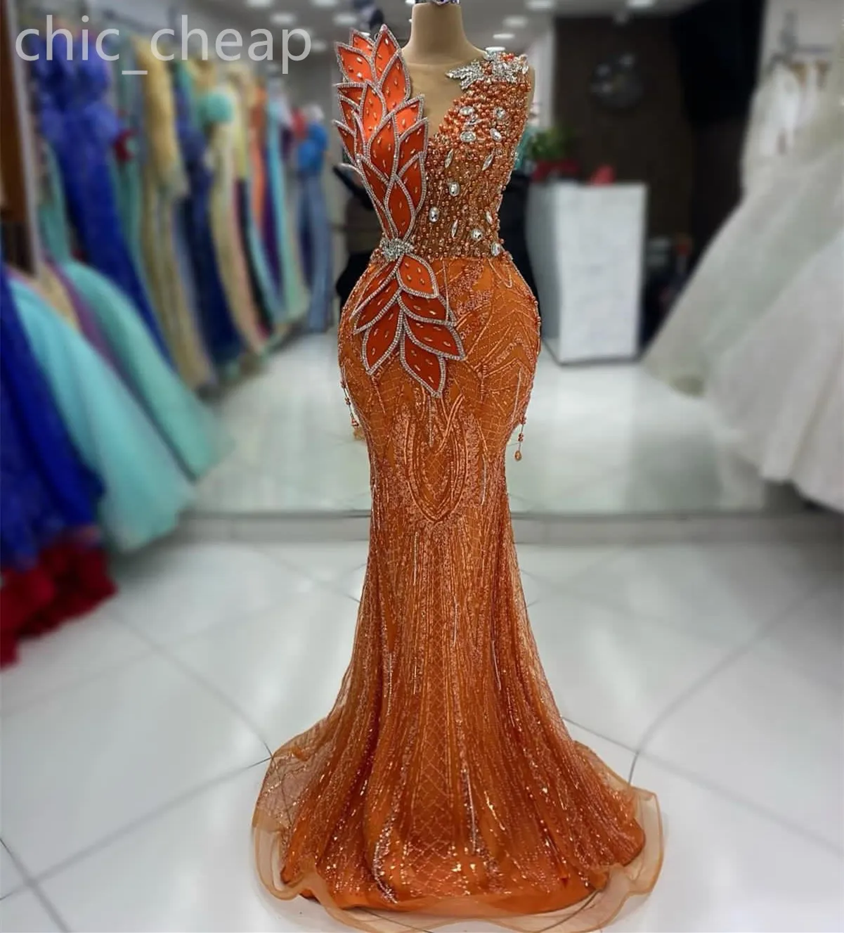 2024 Aso Ebi Orange Mermaid Prom Dress Pearls Crystals Sheer Neck Evening Formal Party Second Reception Birthday Engagement Gowns Dresses Robe De Soiree ZJ67