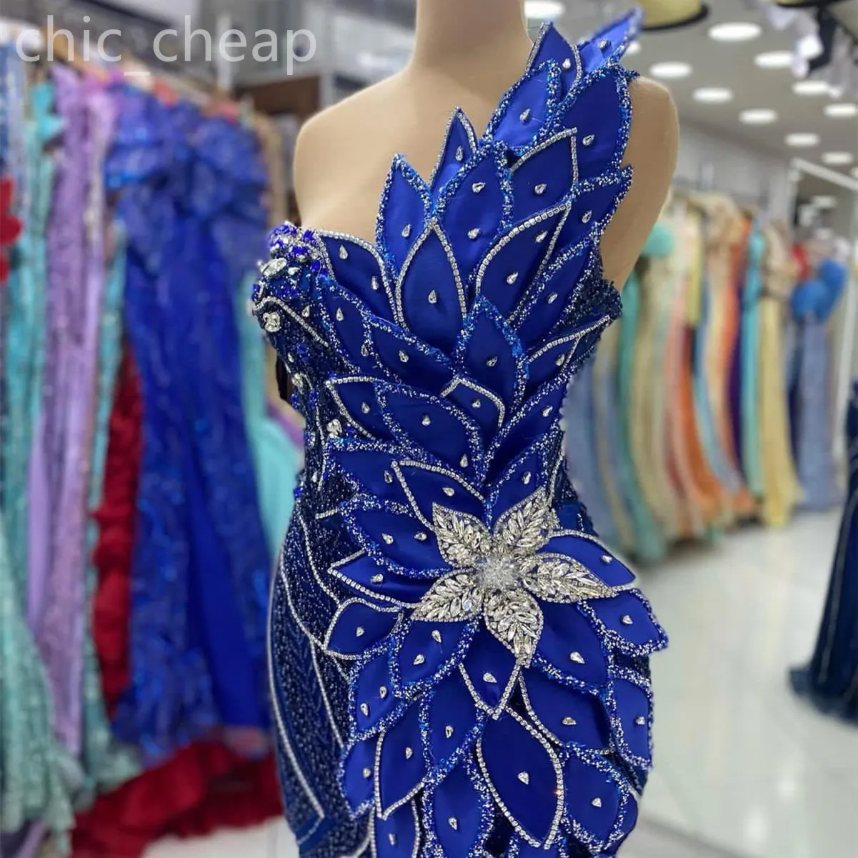 2024 Aso Ebi Royal Blue Mermaid Prom Dress Beaded Crystals One Shoulder Evening Formal Party Second Reception Birthday Engagement Gowns Dresses Robe De Soiree ZJ68