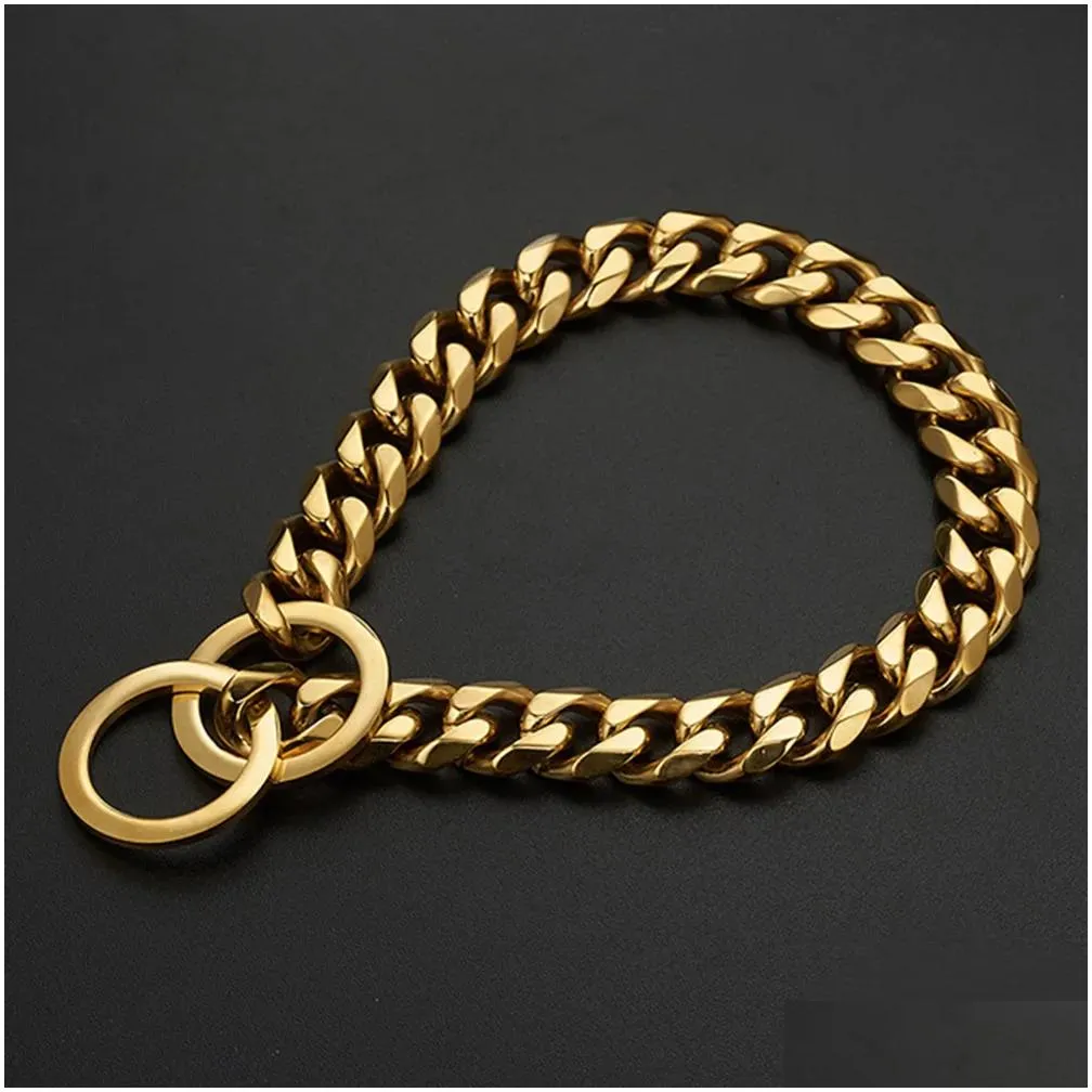 Dog Collars & Leashes Dog Collars Leashes Gold Chain Collar 15Mm Wide Heavy Metal Cuban Slippery Fashion Pet Jewelry Accessories Drop Dhiky