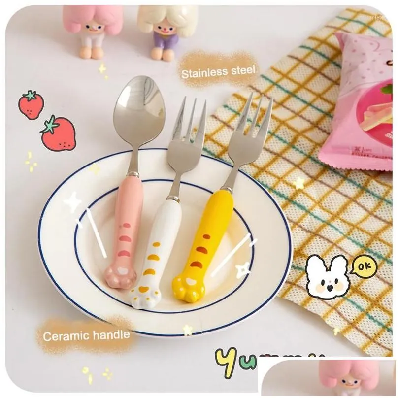 Dinnerware Sets Kawaii Duck Spoon Fork Cutlery Set For Kids School Cute Korean Portable Travel Stainless Steel Tableware Kitchen Drop Dhaql