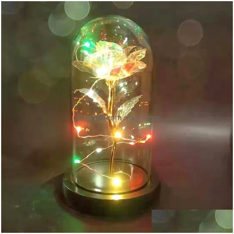 led enchanted galaxy rose eternal 24k gold foil flower with fairy string lights in dome for christmas valentines day gift 0920