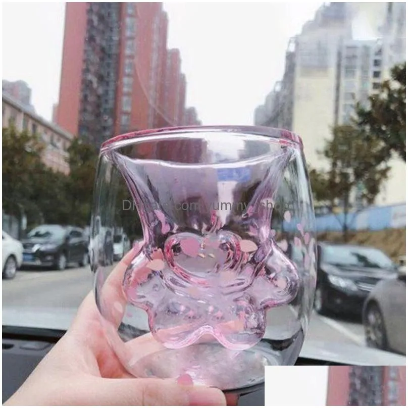 cherry powder household transparent insulation glass water cup cat claw cup creative glass double layer coffee milk cup 220423