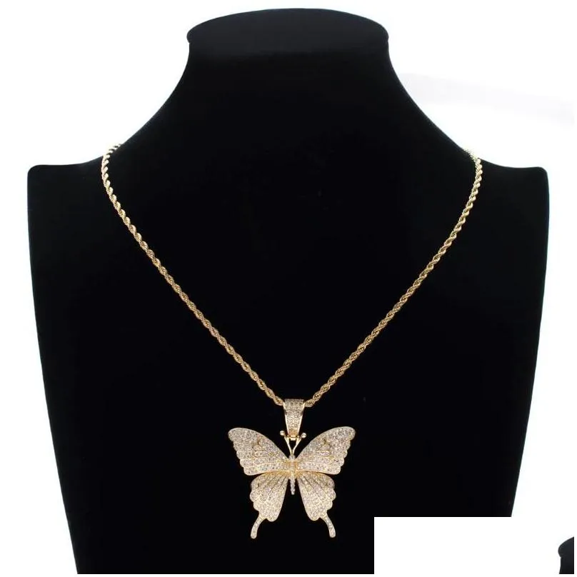 Pendant Necklaces Insect Butterfly Hip Hop Iced Out Cubic Zirconia Necklace Women Men Fashion Jewelry With 24 Inch Rope Link Chains D Dhndl