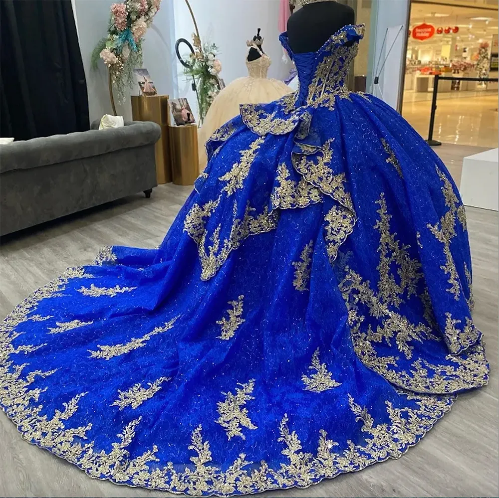 2024 Blue Shiny Quinceanera Dresses for Sweet 15 Year Sexy Off the Shoulder Puffy Ball Gown Lace Appliques Beads Princess Gowns