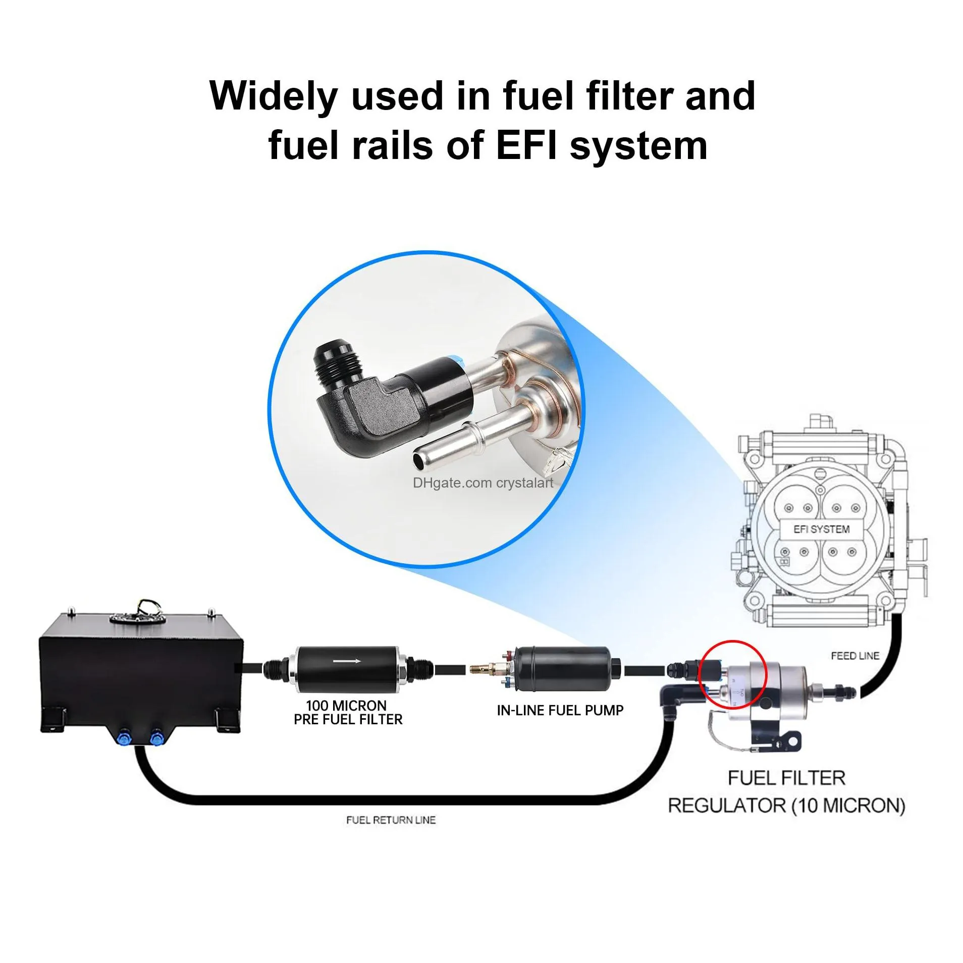 6an male to 3/8 efi fitting for ls swap engine sae quick disconnect female 90 degree push-on an6 9/16-18 to 3/8 9.5mm hardline fuel filter