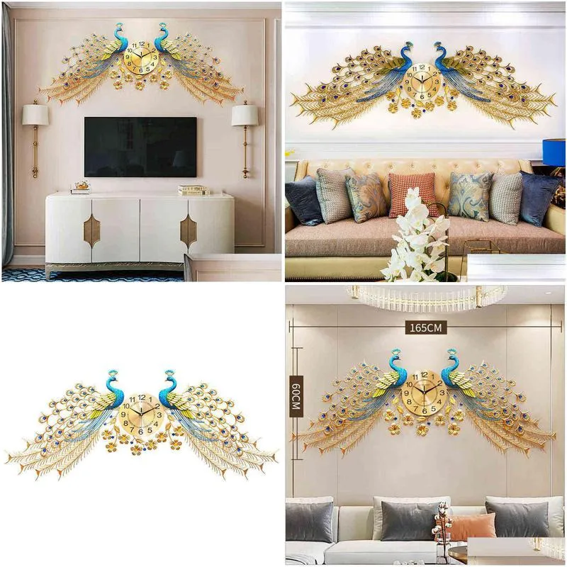 love makeup wings flying peacock wall clock living room auspicious atmosphere luxury wall charts mute quartz decorative clock h1230