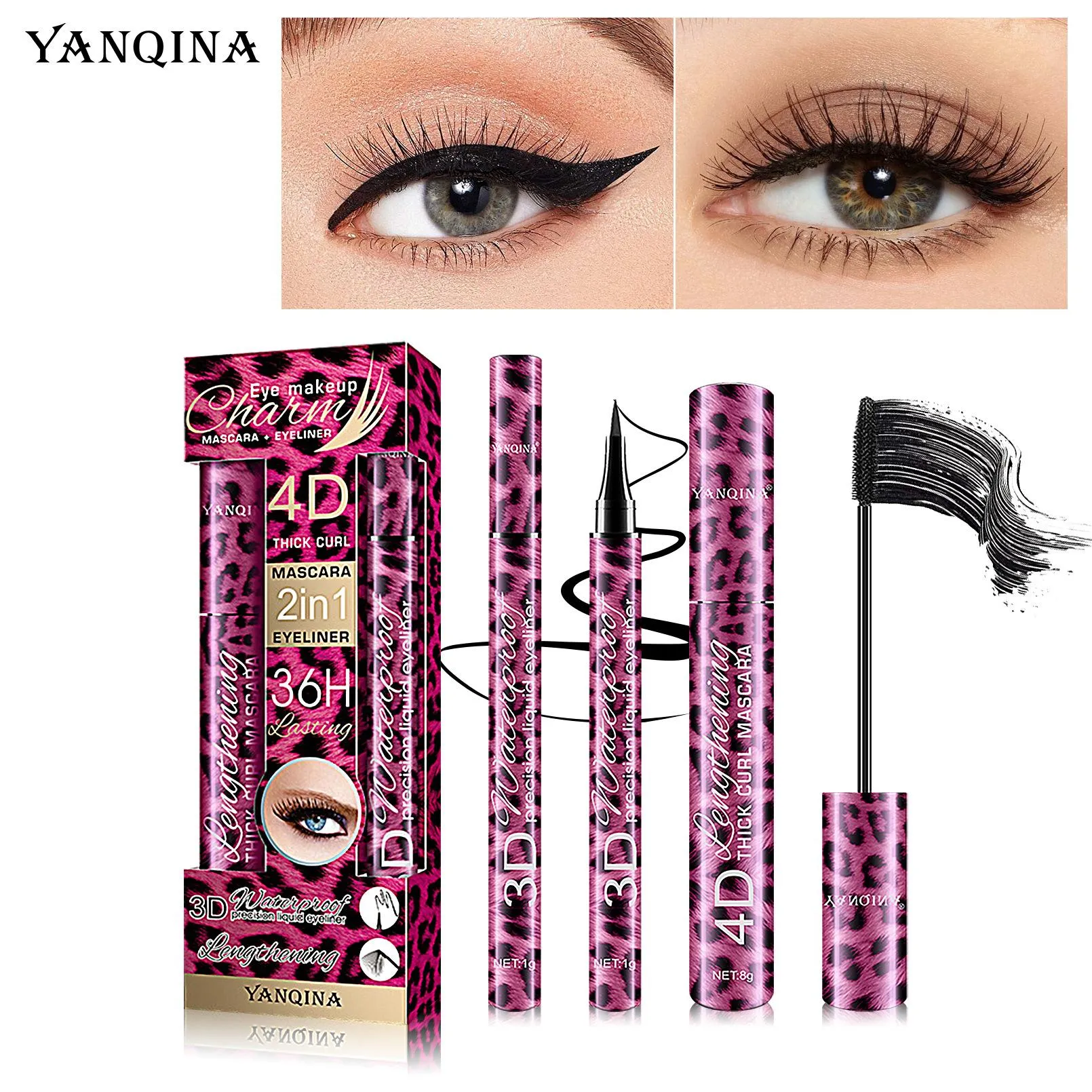 yanqina beauty red leopard print mascara eyeliner 2-piece makeup set waterproof and stain-