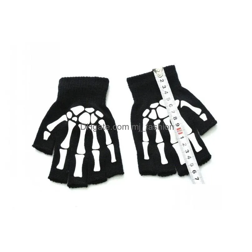 Cycling Gloves Luminous Skeleton Fingerless Gloves For Men Women Teens Skl Cycling Hiking Winter Gothic Knitted Black 220624 Drop Deli Dhwzh