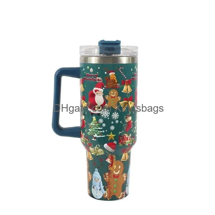 40oz creative christmas pattern water bottle with handle leak proof straw insulation cup suitable for outdoor camping travel
