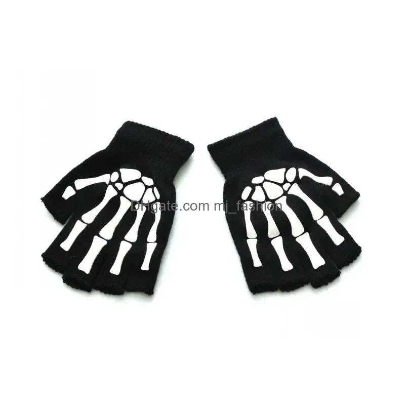 Cycling Gloves Luminous Skeleton Fingerless Gloves For Men Women Teens Skl Cycling Hiking Winter Gothic Knitted Black 220624 Drop Deli Dhwzh