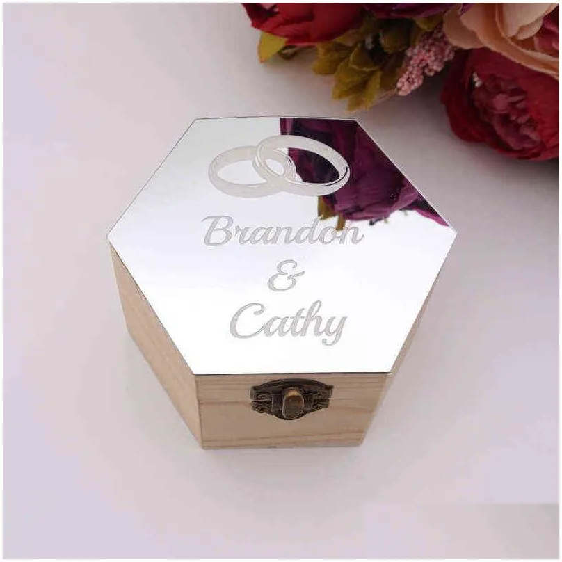 hexagon shape acrylic mirror cover with 2 styles double rings custom name party gift wood boxes candy holder display decor h1231