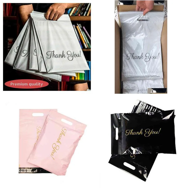 pink/white/black thank you portable poly mailer adhesive envelopes bags courier hair bundles party gifts boxes pouches h1231