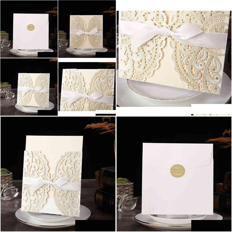 10pcs/lot ivory laser cut elegant wedding invitations card lace greeting card custom with ribbon birthday wedding party supplies h1231