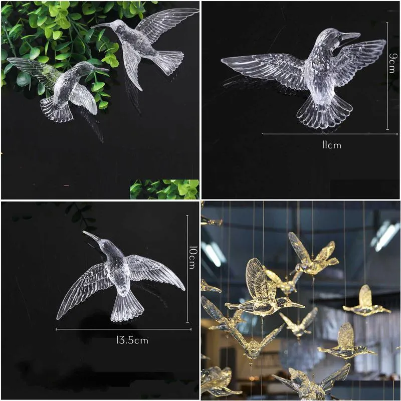 18pcs transparent crystal acrylic bird hummingbird ceiling wall hanging home wedding stage background decoration party ornaments y0730