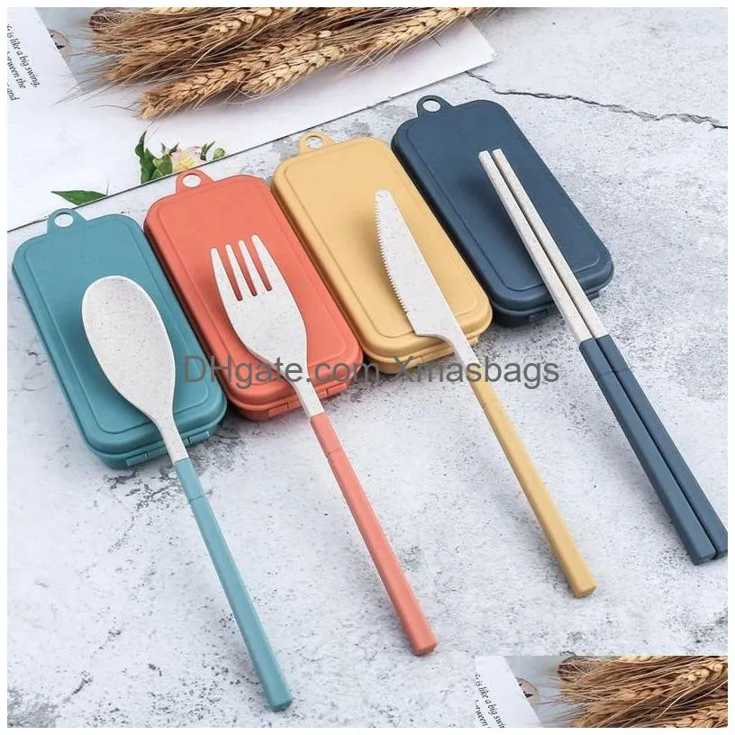 wheat straw cutlery set portable multicolor storage box knife fork spoon chopsticks travel eco-friendly cutlery inventory wholesale