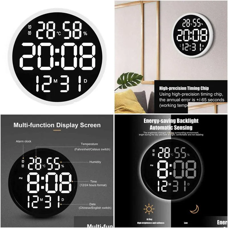 simple wall clock 12 inch round silent electronic clock digital display temperature humidity date calendar clock home decoration h1230