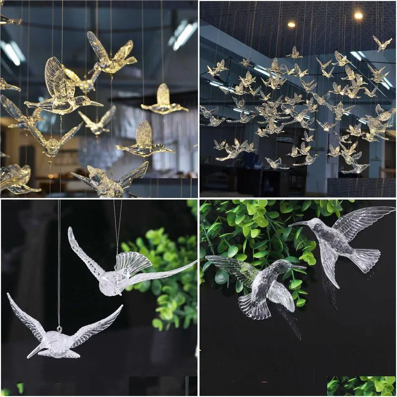 18pcs transparent crystal acrylic bird hummingbird ceiling wall hanging home wedding stage background decoration party ornaments y0730