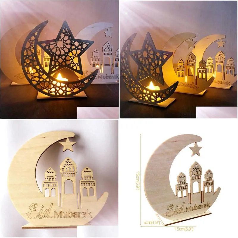 eid mubarak wooden pendant ramadan decoration led candles light moon star wooden crafts eid mubarak decor for home eid al adha y0730