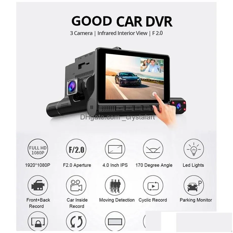 Car Dvrs Car Dvr Dvrs High Quality 4 Inch Hd 1080P Video Recorder Dash Cam 3 Lens Smart G-Sensor Rear Camera 170 Degree Wide Angle Tra Dh0Ss
