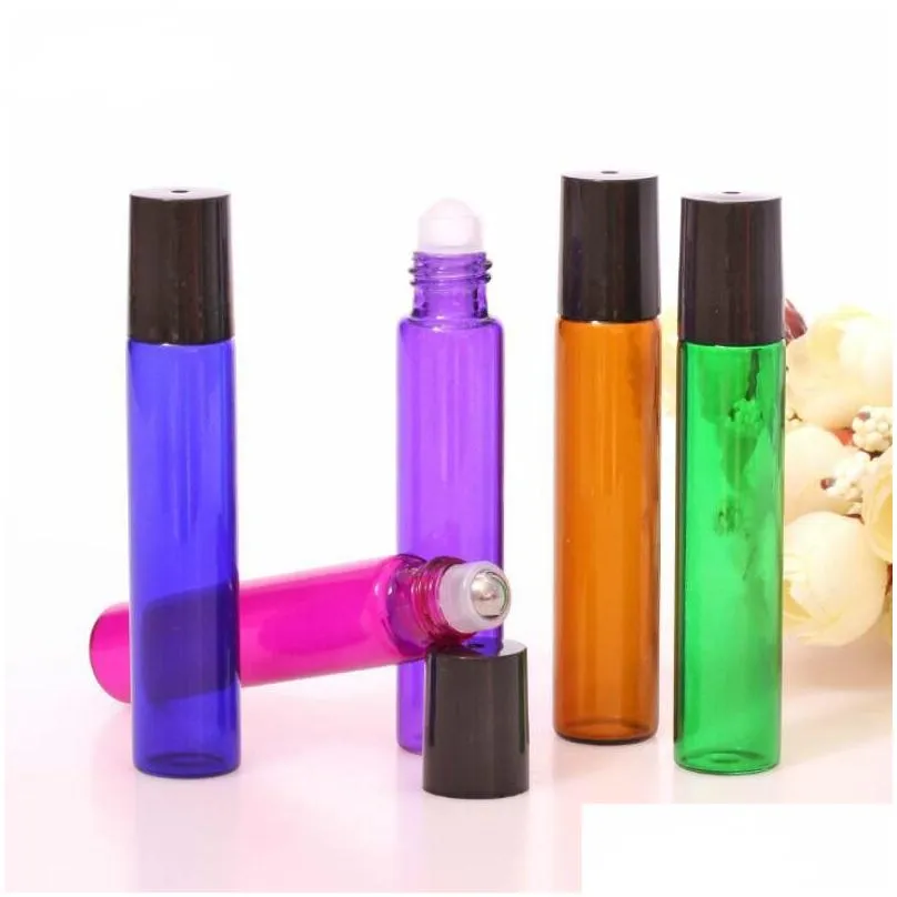 free shipping 10ml empty glass roll on bottle blue red green amber clear roller container for essential oil, aromatherapy, perfumes and