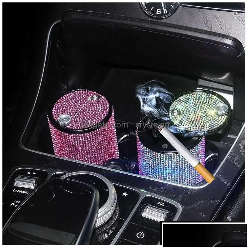 Other Interior Accessories Car Cigarette Ashtray Vehicle Mini Ash Tray Portable With Lid Smell Proof Crystal Diamond For Women Drop D Dha7F