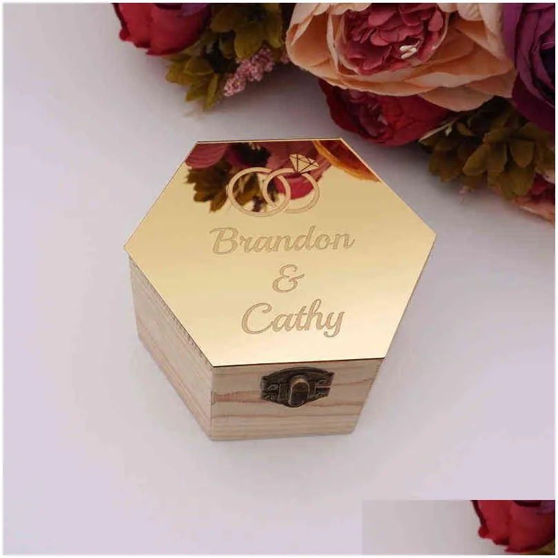 hexagon shape acrylic mirror cover with 2 styles double rings custom name party gift wood boxes candy holder display decor h1231