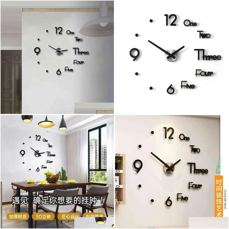 quartz creative diy wall clock modern design watch silent acrylic living room stickers black reloj de pared home decor dl60wc h1230