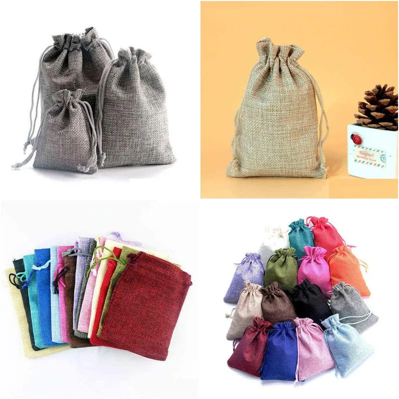 100pcs natural burlap linen jute drawstring gift bag sack wedding birthday party favors drawstring gift bag baby shower supplies h1231