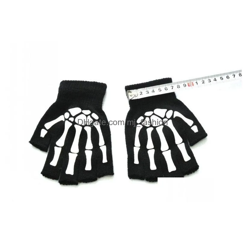 Cycling Gloves Luminous Skeleton Fingerless Gloves For Men Women Teens Skl Cycling Hiking Winter Gothic Knitted Black 220624 Drop Deli Dhwzh