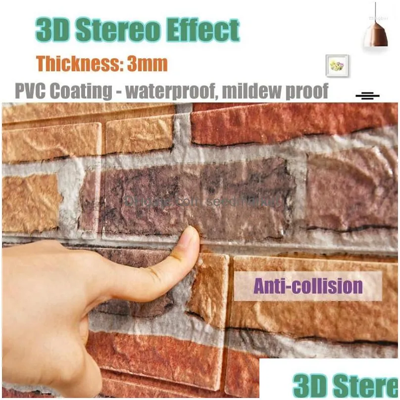 Wall Stickers 5Pcs 3D Brick Sticker Retro Stone Pattern Self-Adhesive Anti-Collision Peel And Stick Wallpaper Foam Panel Diy Drop Del Dhfrg
