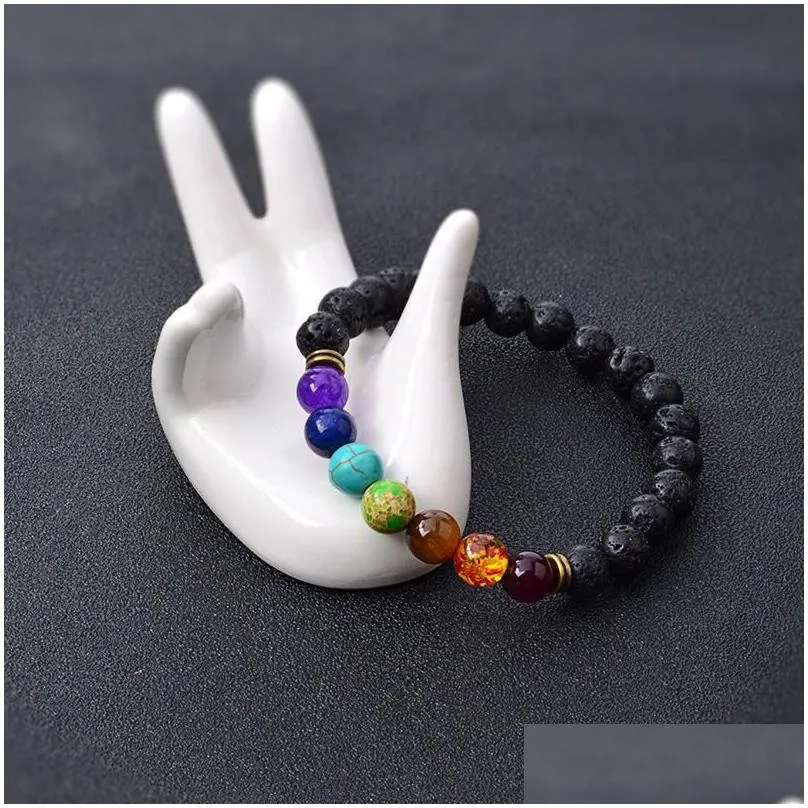 new black lava natural stone bracelets 7 reiki chakra healing balance beads bracelet for men women stretch yoga jewelry