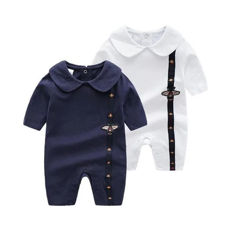 little bee born baby boy girl romper white dark blue cotton jumpsuits lapels long sleeved infant toddler clothes